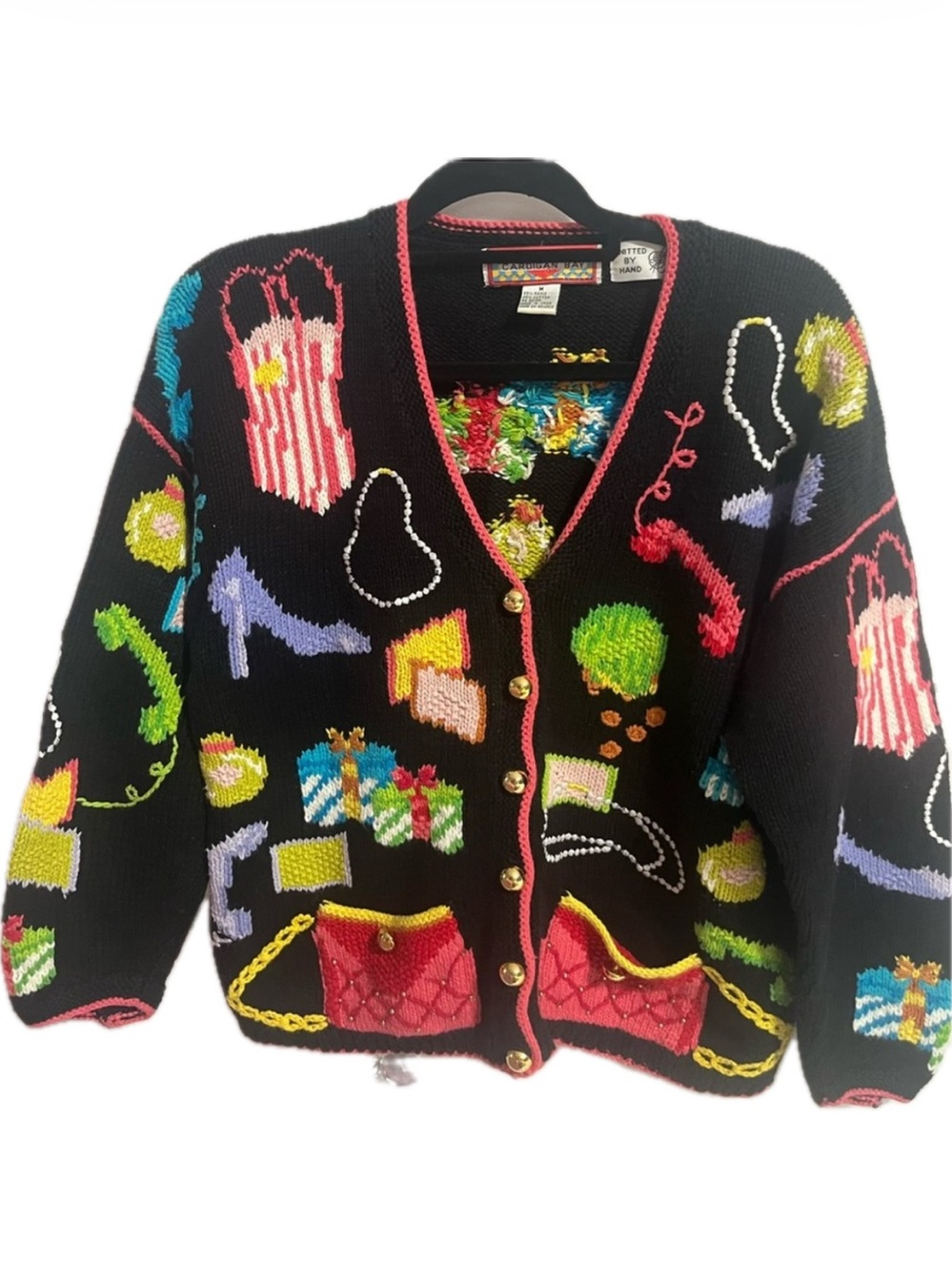Cardigan Bay Vintage Hand Knit Ladies Shopping Theme Sweater Shoes Pearls Purse